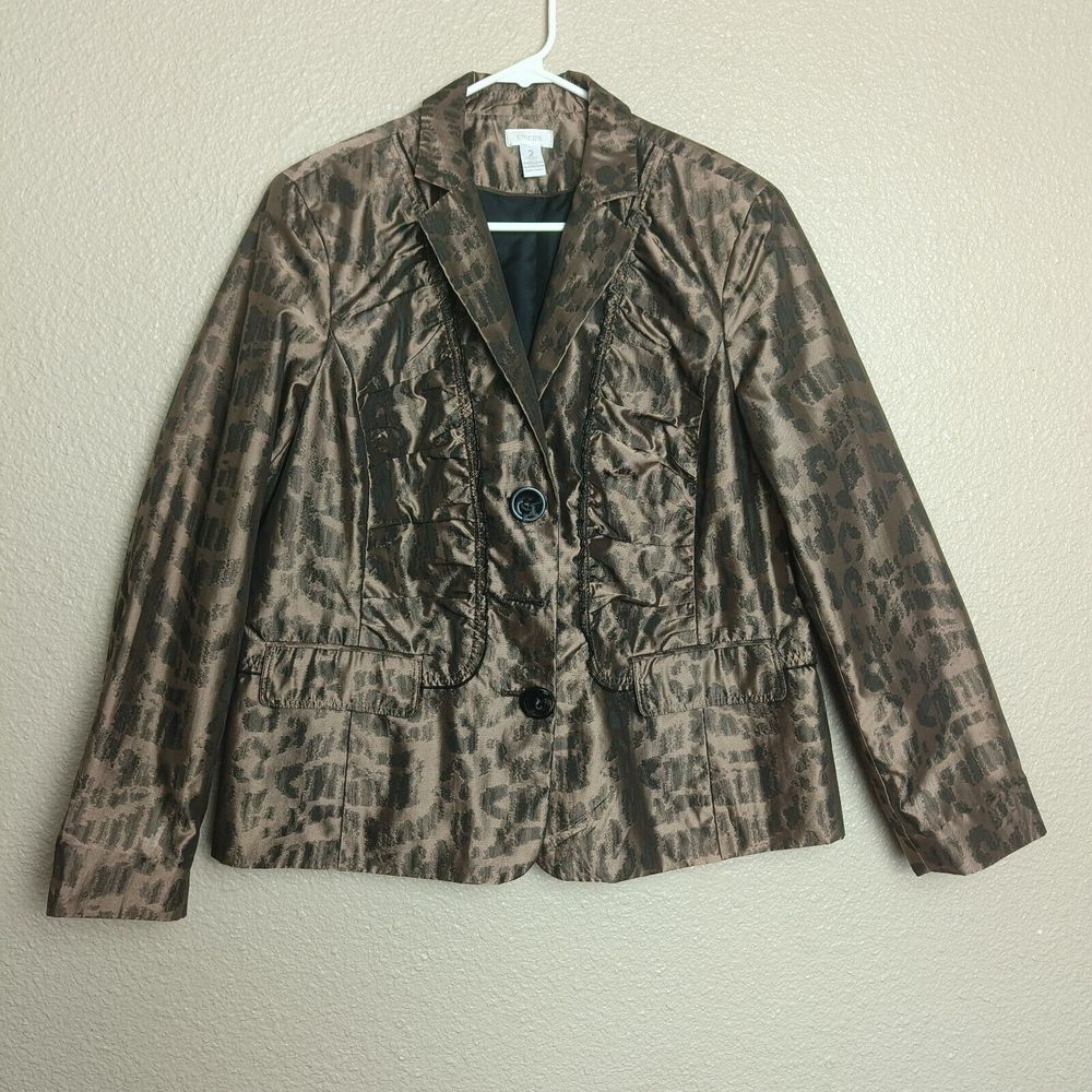 Chico's Blazer Women's Boho Animal Leopard Print Satin Ruched Button‎ Jacket 2-L